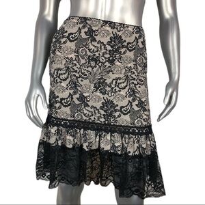 Nanette Lepore | Silk Black & Nude Fitted Skirt with Lace Flare Trim Vintage